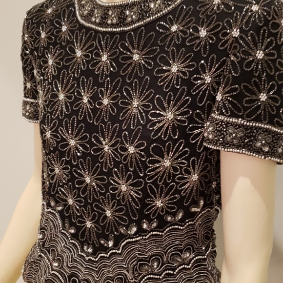 FINAL SALE black beaded silk top Adrianna Papell 1980s L - Picture 3 of 8
